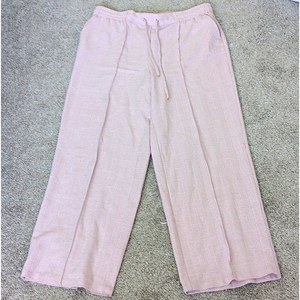 Haven & Blair High Waisted Soft Knit Pink Gingham Check Plaid Pleated Wide Leg L